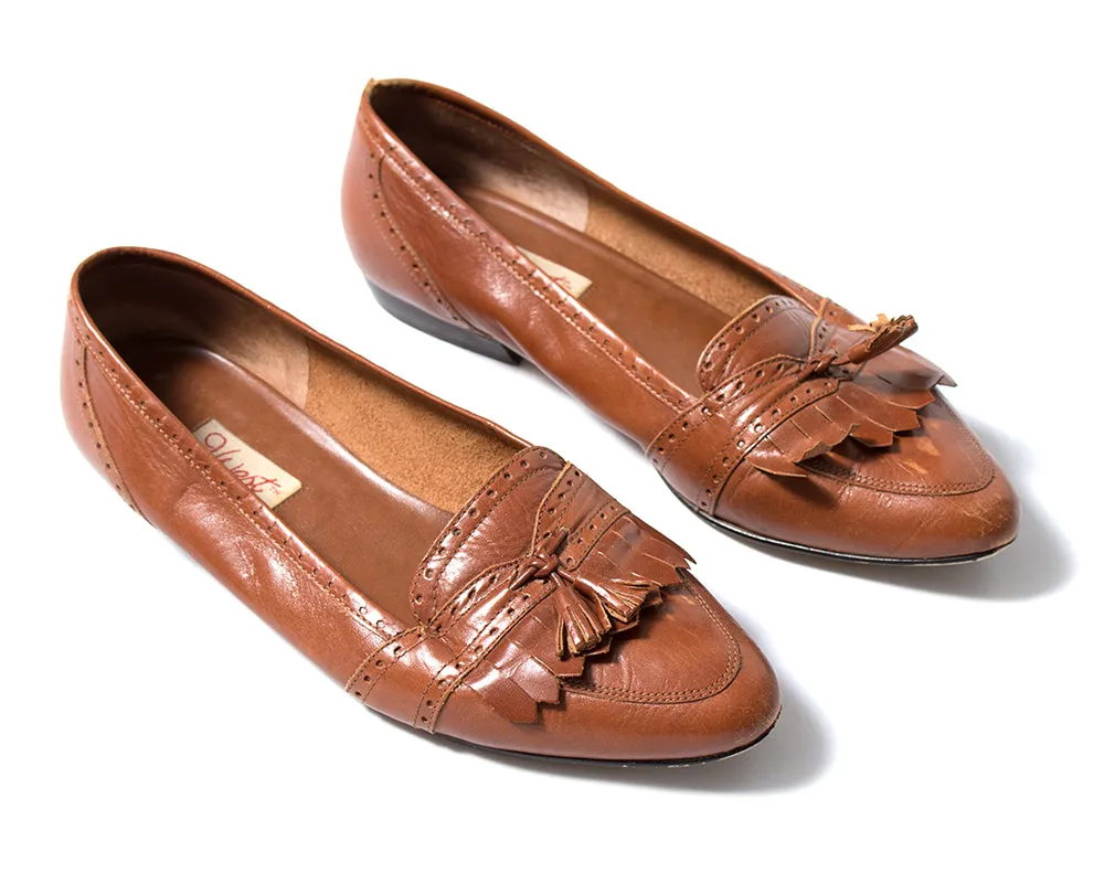 1980s 1990s Brown Leather Tassel Loafers | size US 7.5/8