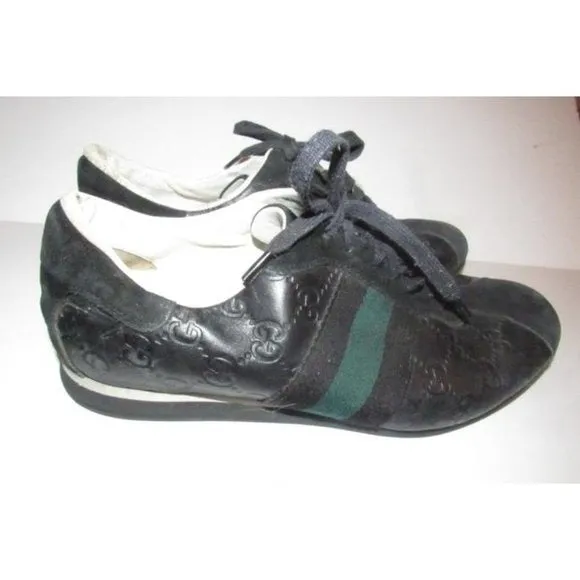 Gucci Navy Leather G Logo Green Stripe Guccissima