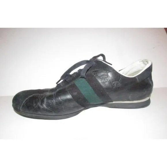 Gucci Navy Leather G Logo Green Stripe Guccissima