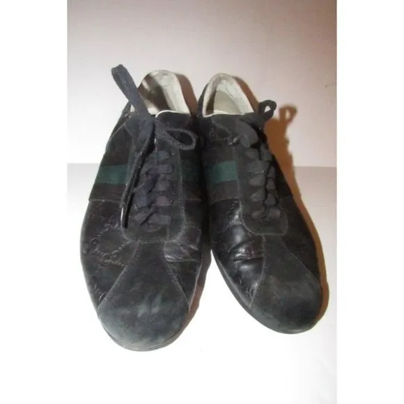 Gucci Navy Leather G Logo Green Stripe Guccissima