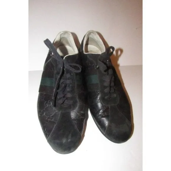 Gucci Navy Leather G Logo Green Stripe Guccissima