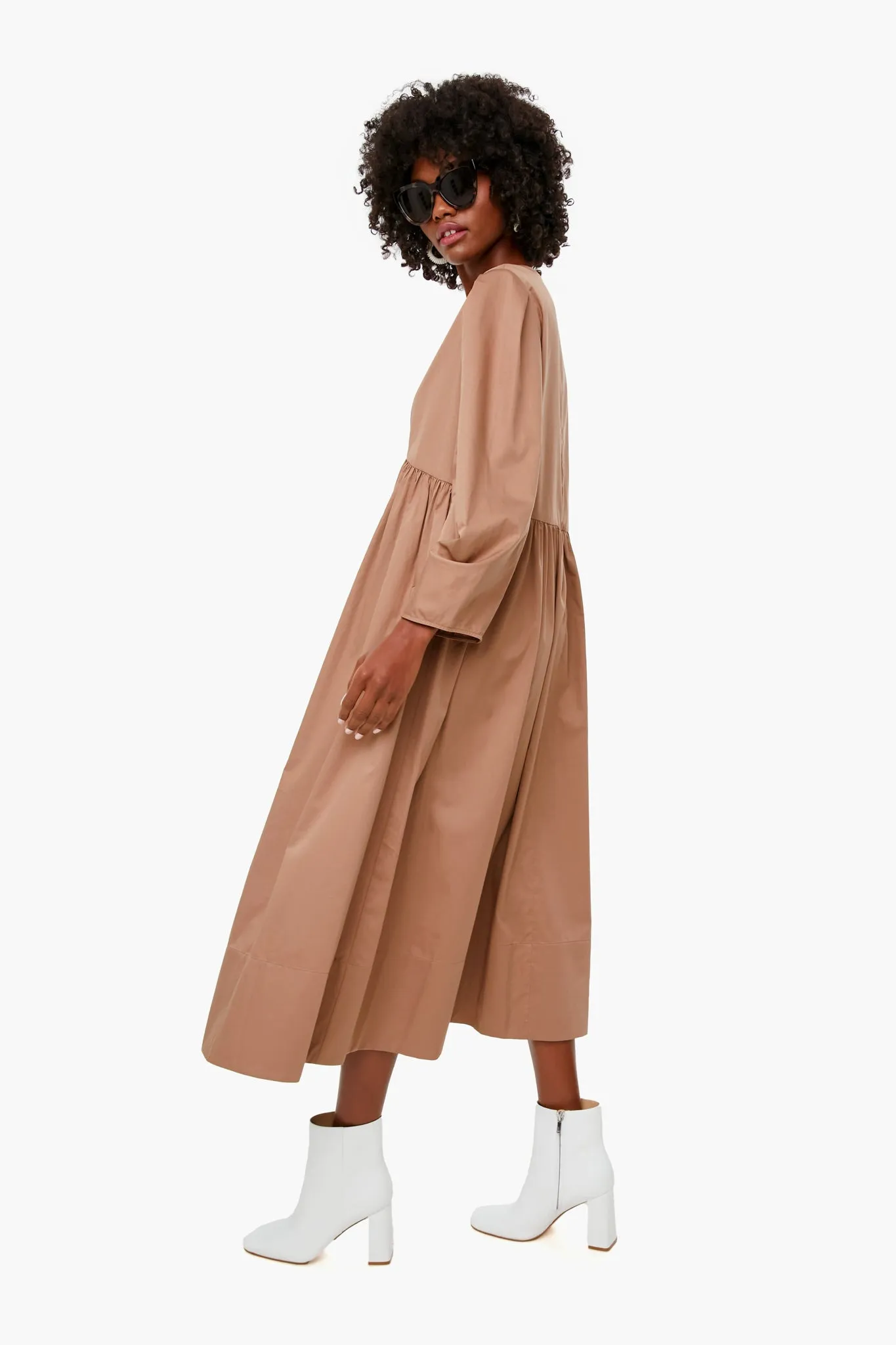 Hazelnut Eco Poplin Vneck Pleat Sleeve Dress