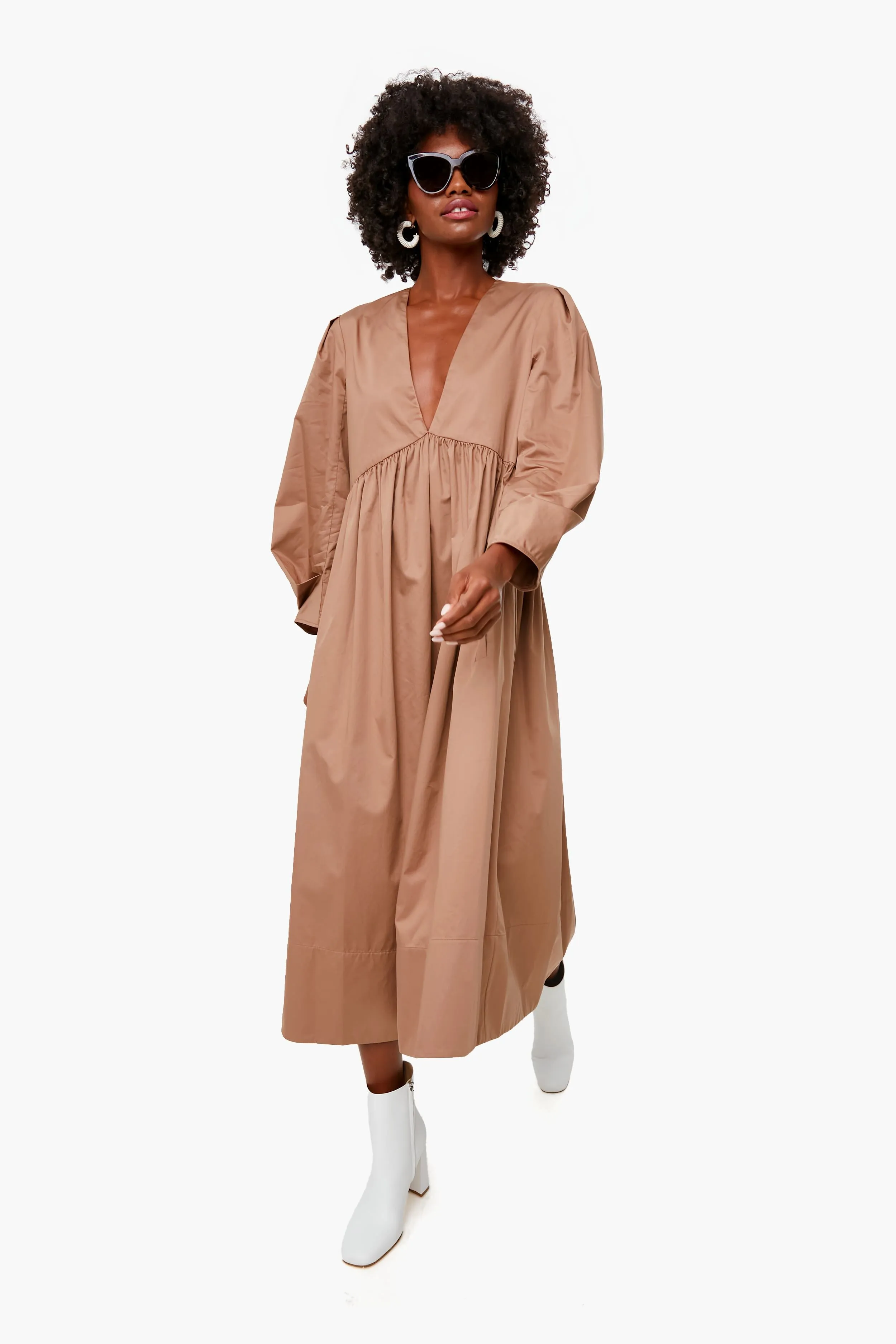 Hazelnut Eco Poplin Vneck Pleat Sleeve Dress