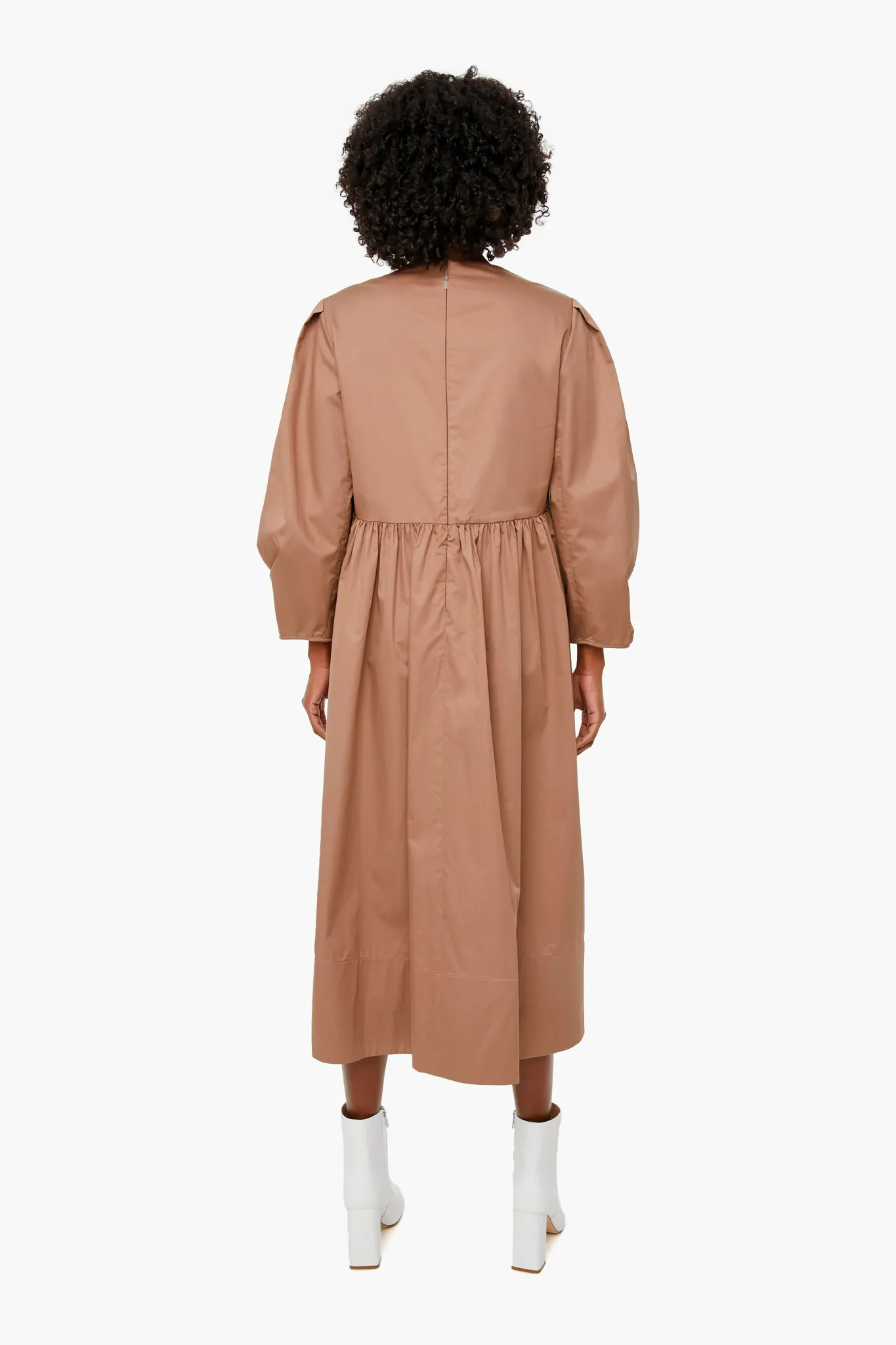 Hazelnut Eco Poplin Vneck Pleat Sleeve Dress