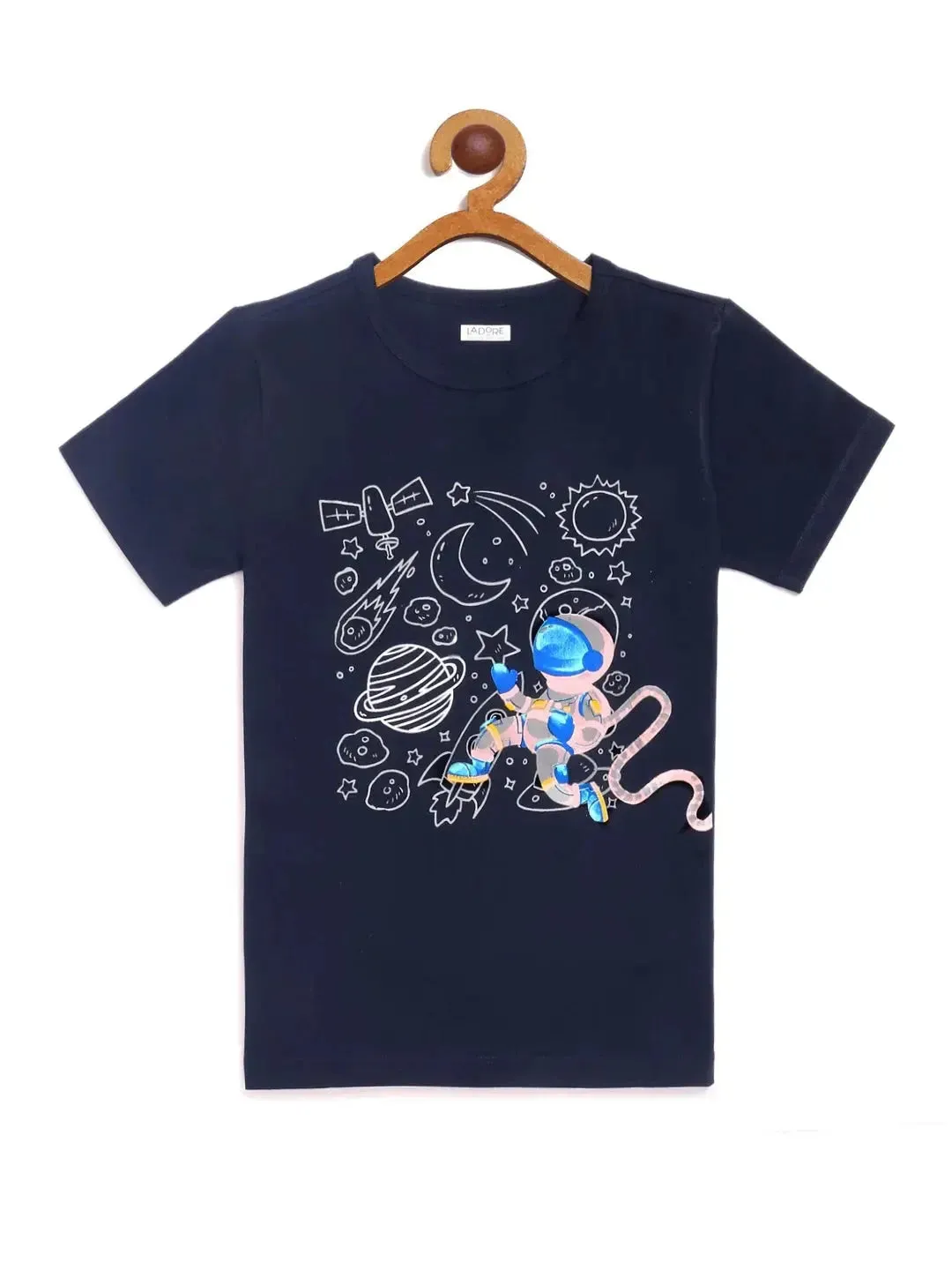 Kids Navy Half Sleeves Space Cotton T-shirt
