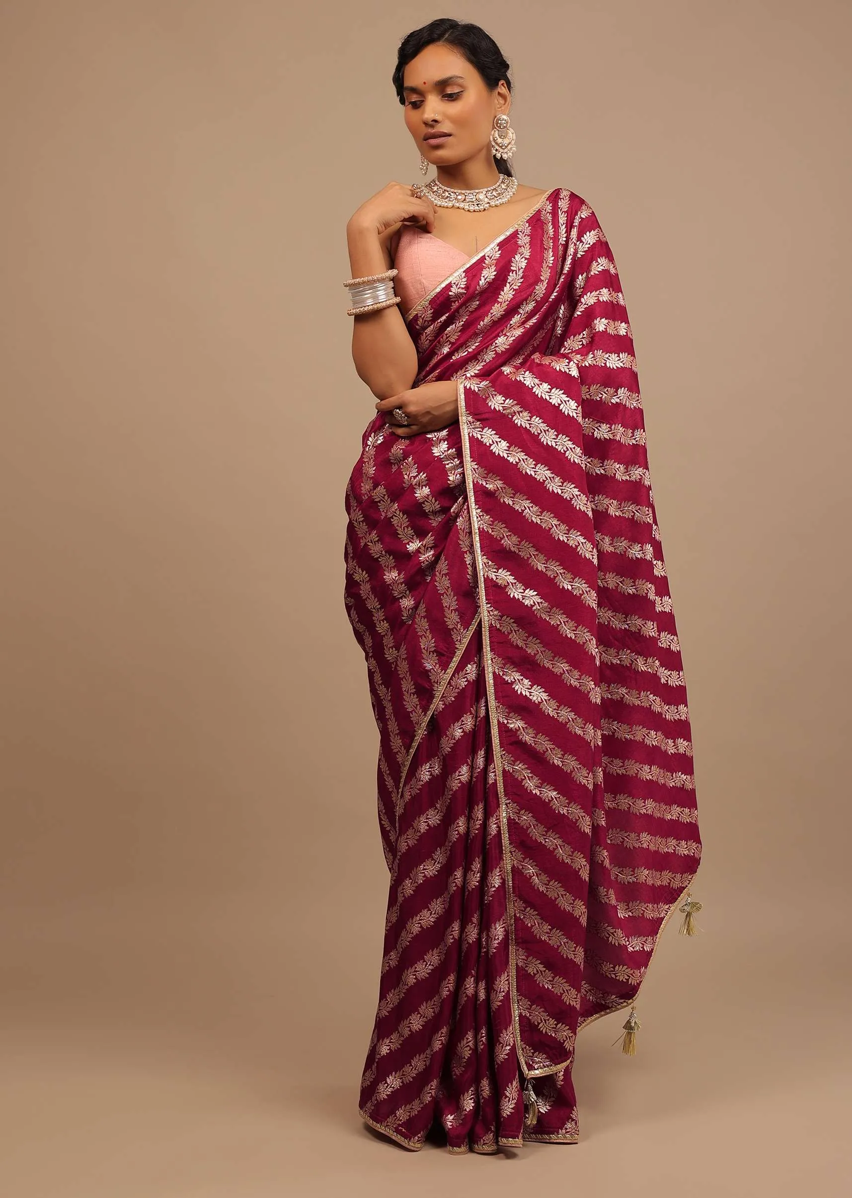 Maroon Red Saree In Dola Silk With Woven Floral Design In Diagonal Stripes And Lace Detailing