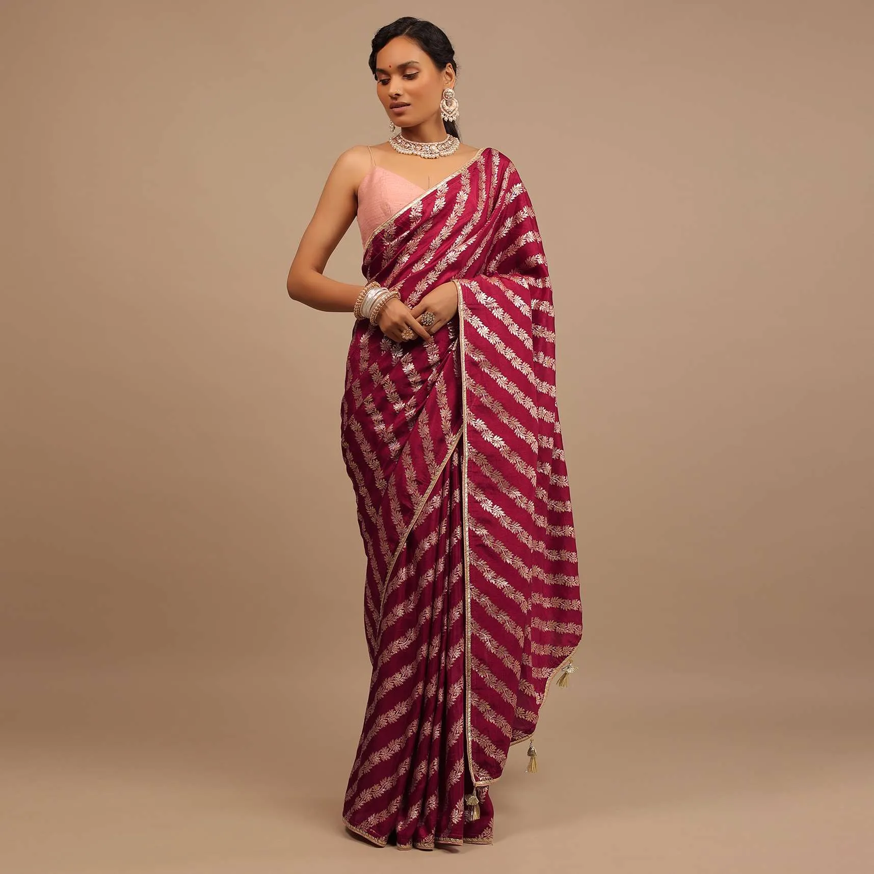Maroon Red Saree In Dola Silk With Woven Floral Design In Diagonal Stripes And Lace Detailing