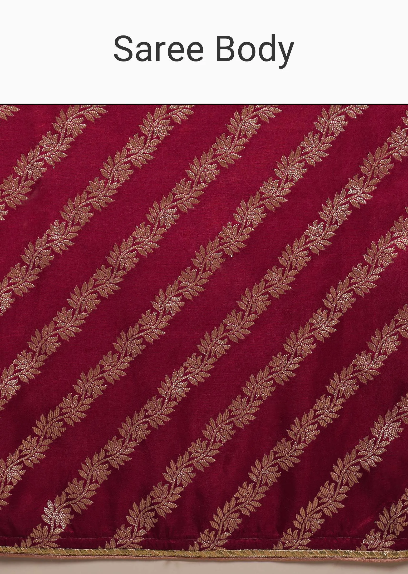 Maroon Red Saree In Dola Silk With Woven Floral Design In Diagonal Stripes And Lace Detailing