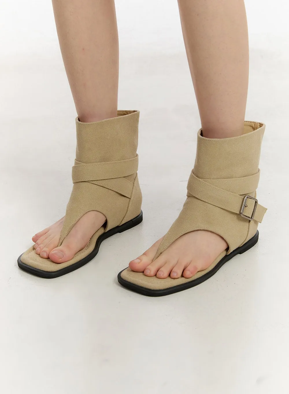 Open-Toe Buckle Midi Boots CA509