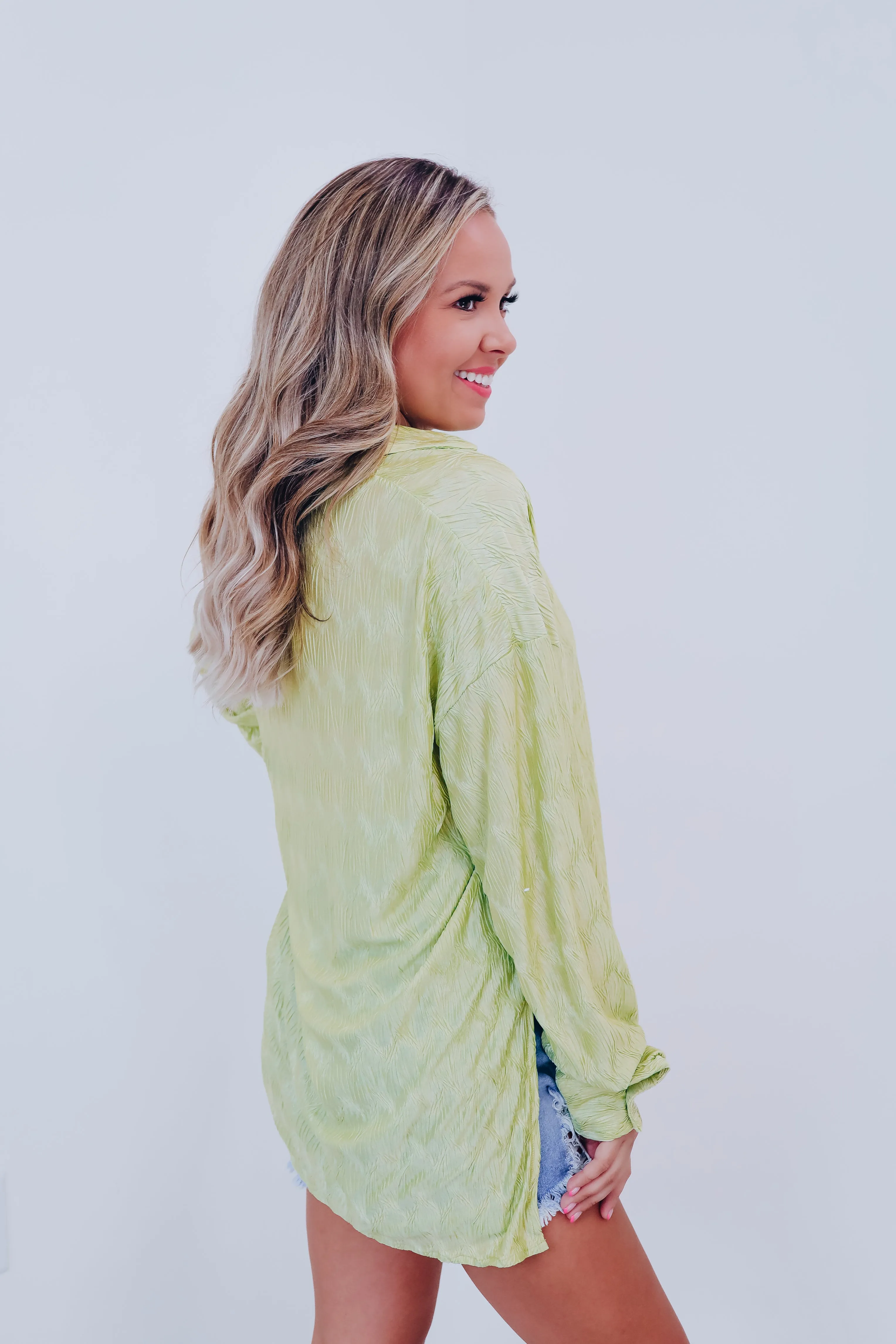Paige Plisse Button Down Blouse - Lime