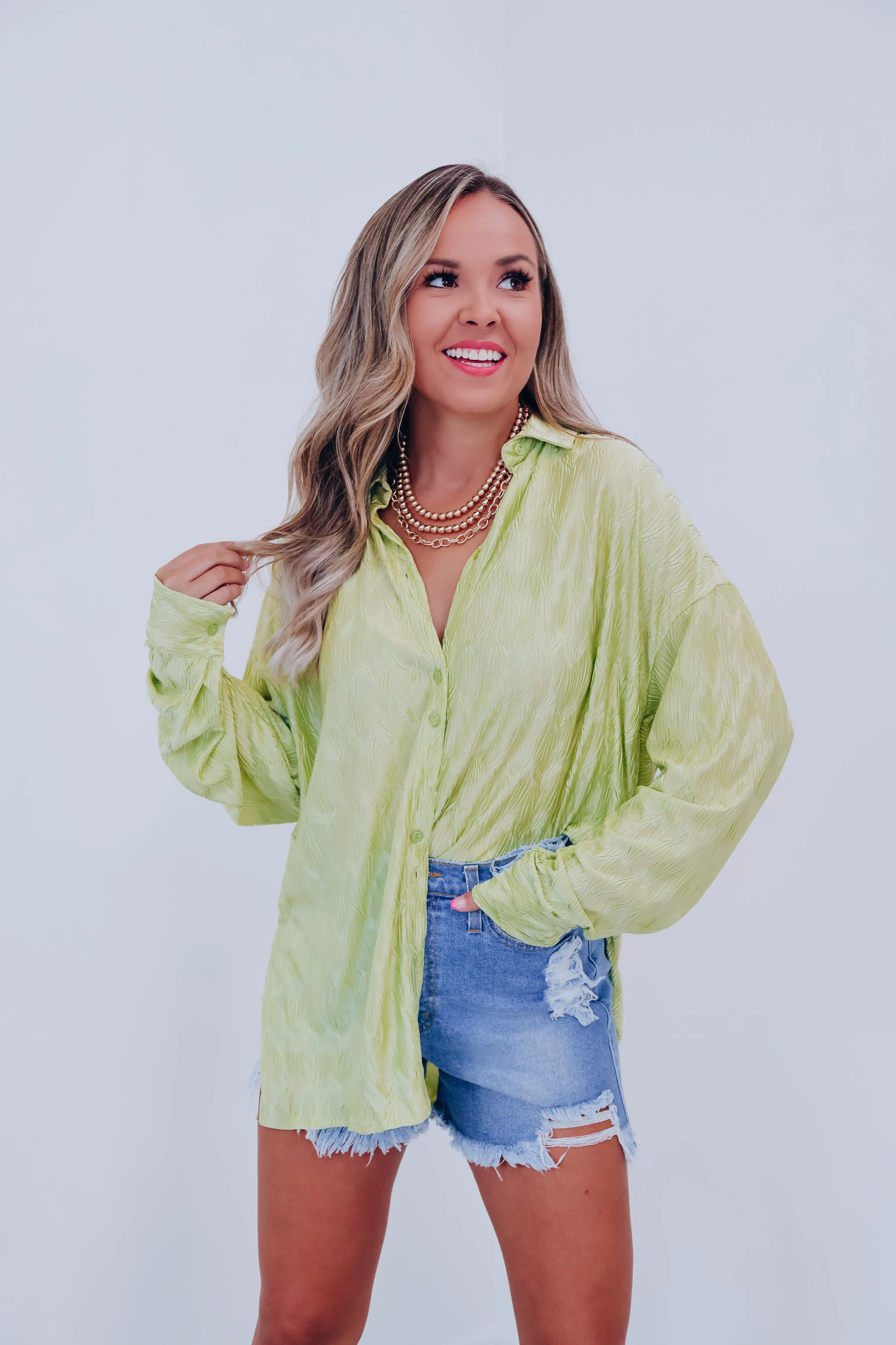 Paige Plisse Button Down Blouse - Lime