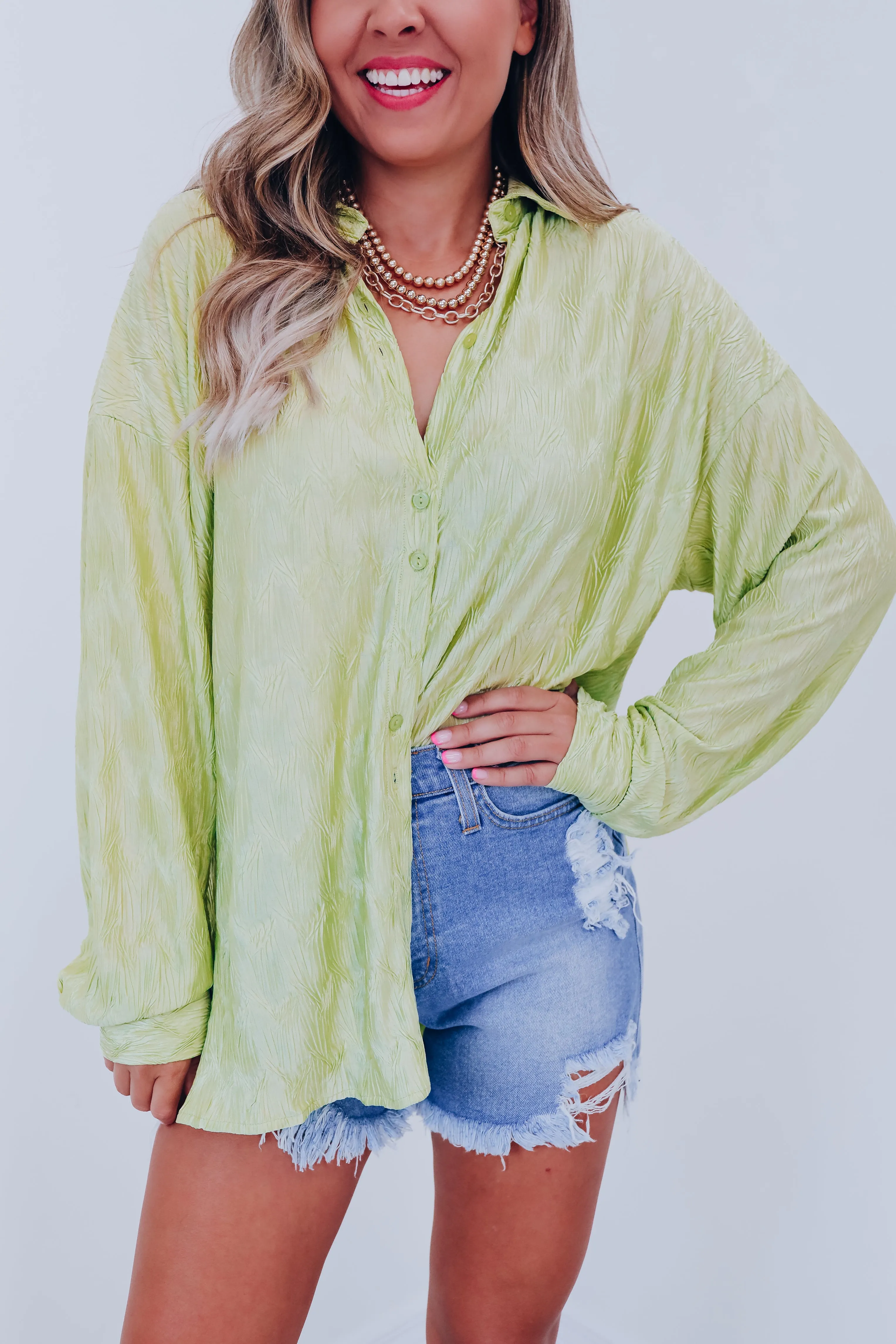 Paige Plisse Button Down Blouse - Lime