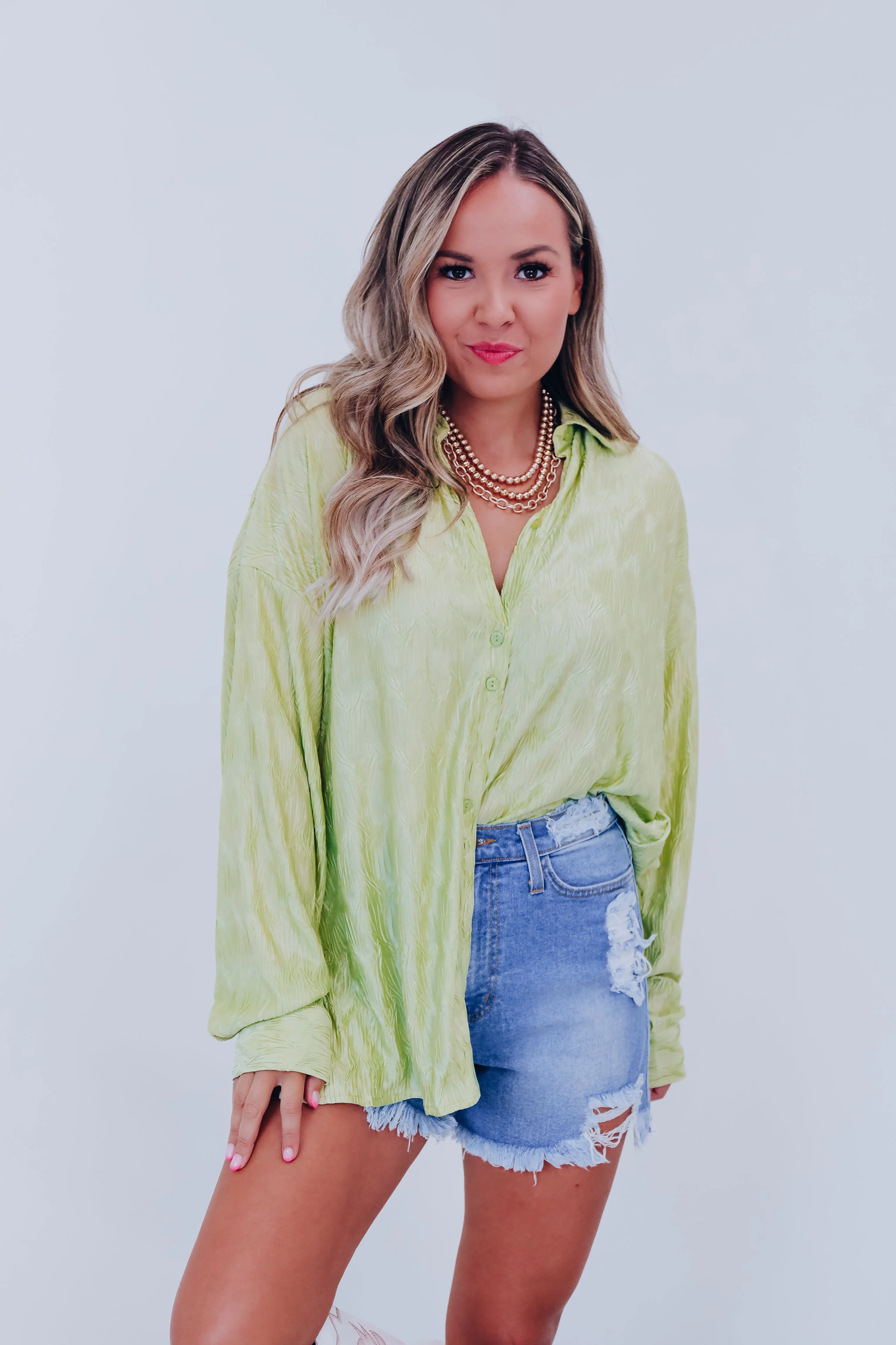 Paige Plisse Button Down Blouse - Lime