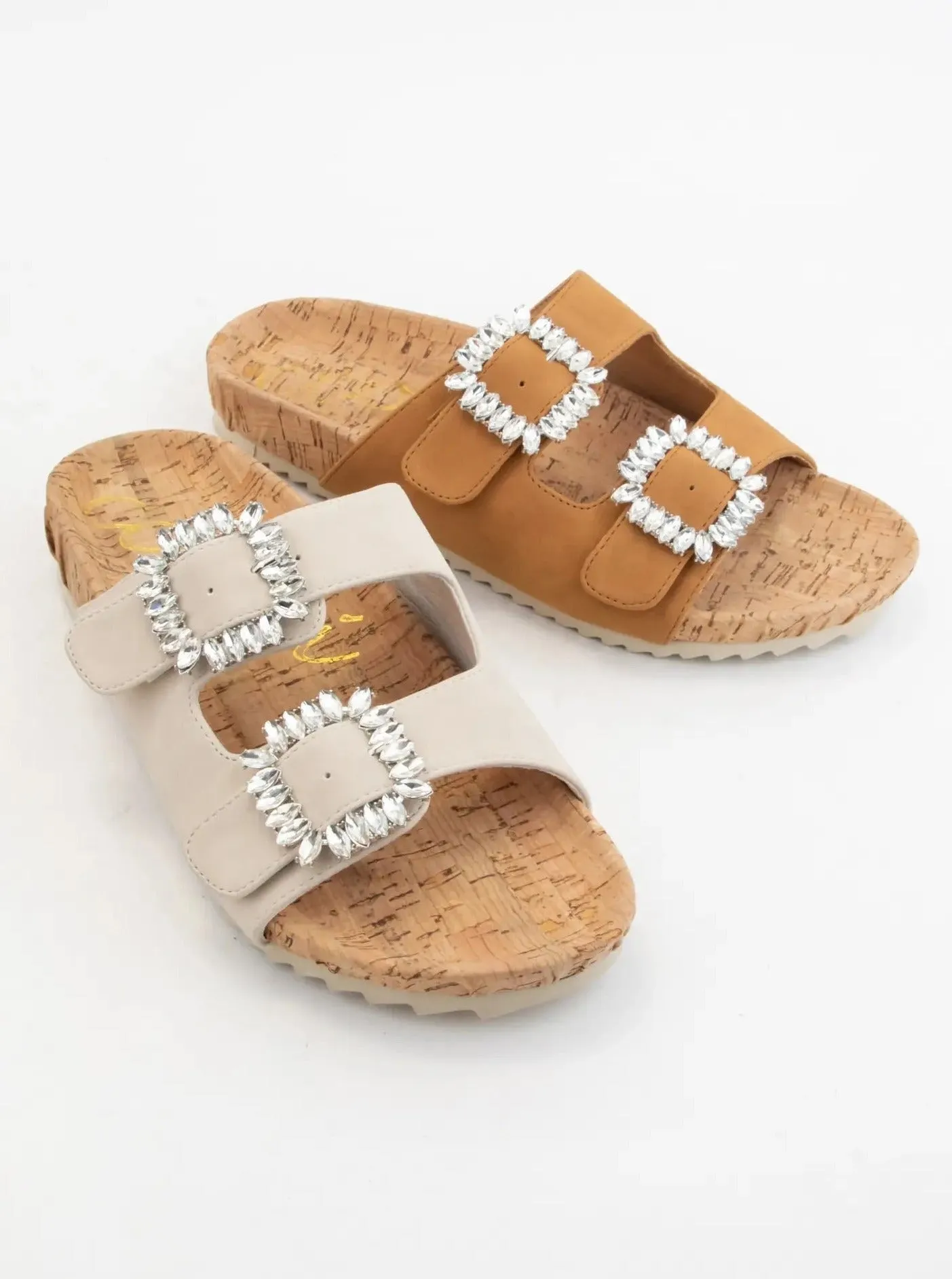 Tan Bedazzled Birkenstock-Style Buckle Sandal