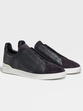Zegna Navy Blue Grained Leather and Suede Triple Stitch™ Sneakers