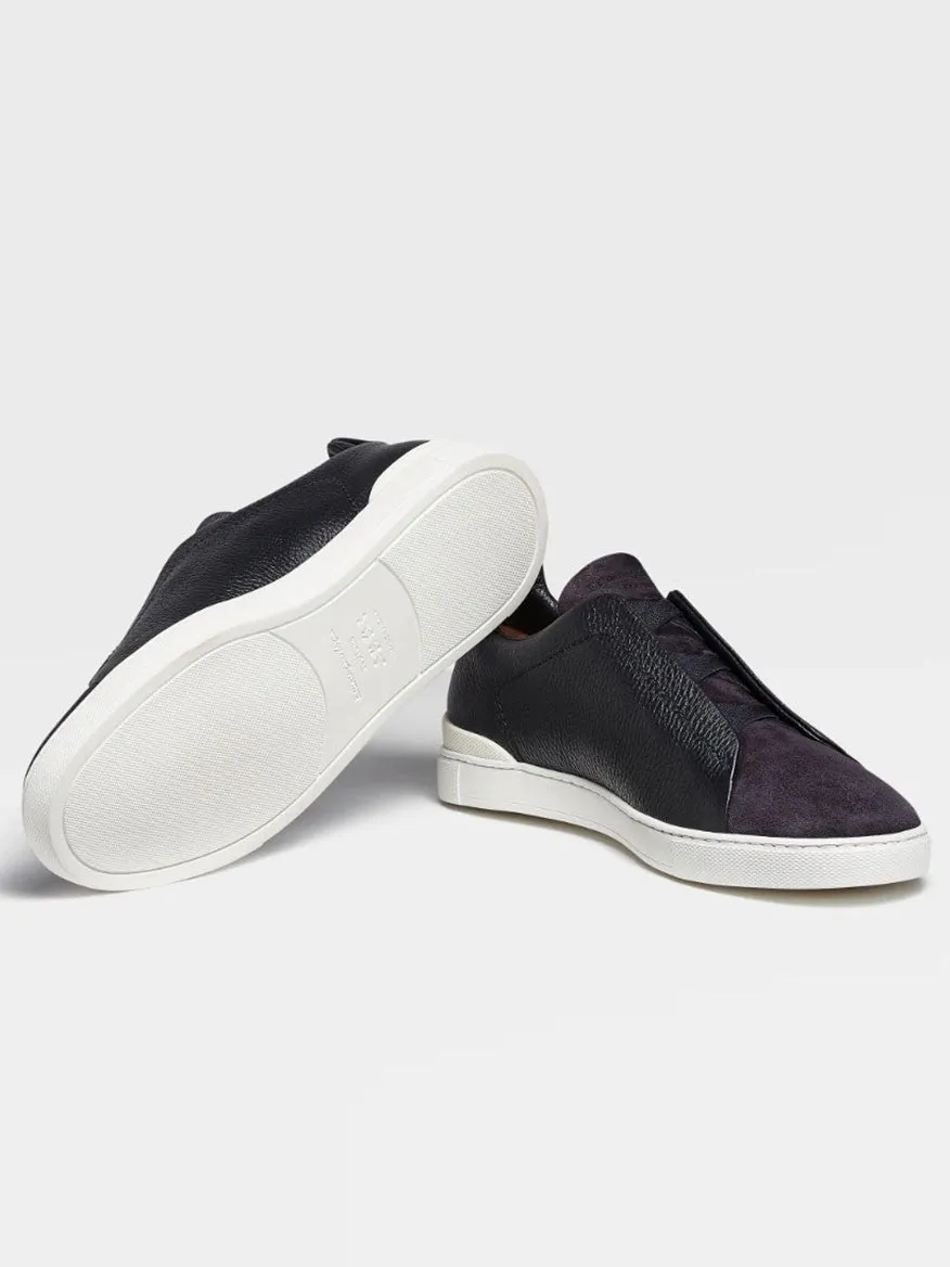 Zegna Navy Blue Grained Leather and Suede Triple Stitch™ Sneakers