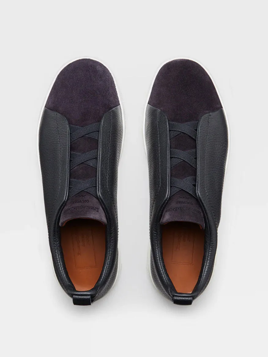 Zegna Navy Blue Grained Leather and Suede Triple Stitch™ Sneakers