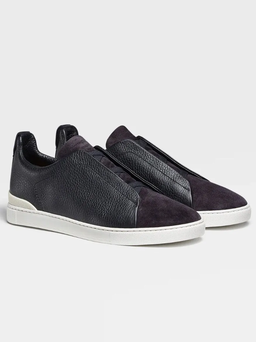 Zegna Navy Blue Grained Leather and Suede Triple Stitch™ Sneakers